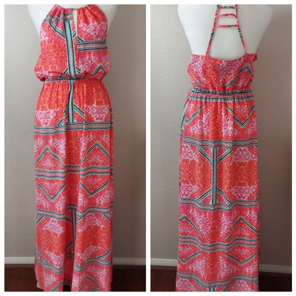 MinkPink Eastern Aztec Pink Print Maxi Dress Side Slits Sz M - Picture 3 of 10